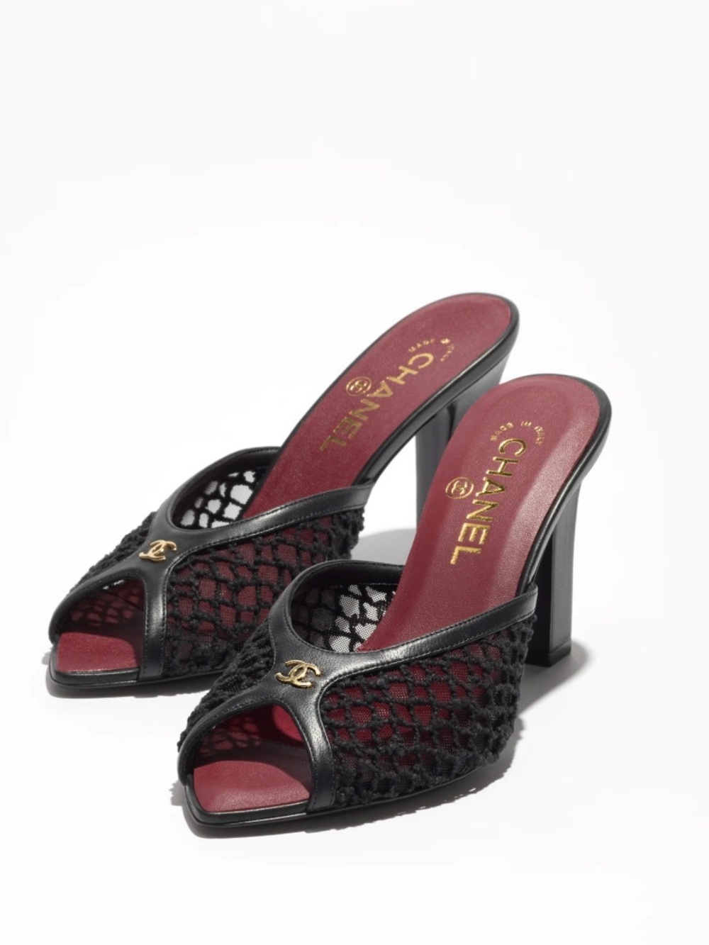 CHANEL Black Mesh Open-Toe Block Heel Mules with Burgundy Insole